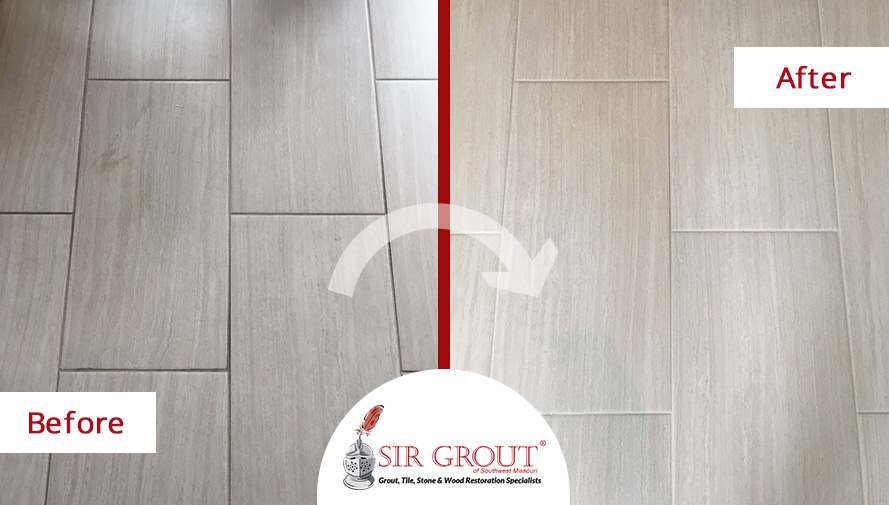 After a Grout Recoloring Service, This Tile Floor Recovered Its Look in Springfield, MO Before and After Picture of a Tile Floor Grout Recoloring Service in Springfield, Missouri