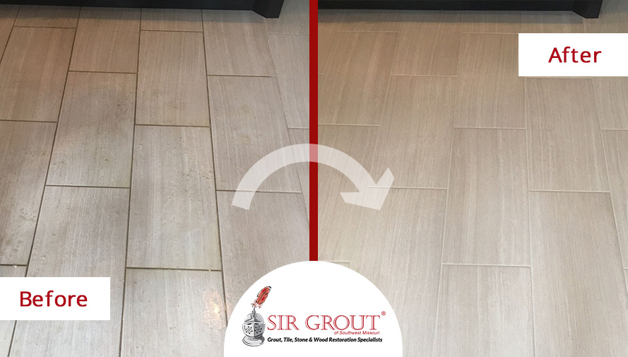 This Tile Floor Was Enhanced Thanks to a Grout Recoloring Service in Springfield, MO Before and After Picture of a Tile Floor Grout Recoloring Service in Springfield, Missouri