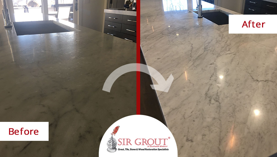 This Carrara Marble Countertop Was Free from Etch Marks, Thanks to a Stone Honing Service in Springfield, MO Before and After Picture of a Marble Countertop Stone Honing Service in Springfield, Missouri