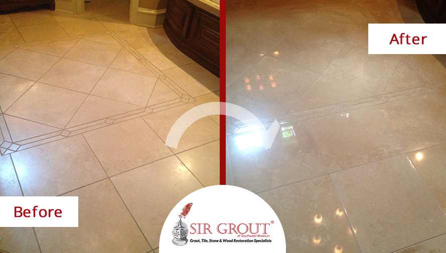 After a Stone Polishing Service, This Bathroom's Floor Recovered Its Shine in Rogersville, Missouri Before and After Picture of Stone Polishing Service in Rogersville, Missouri