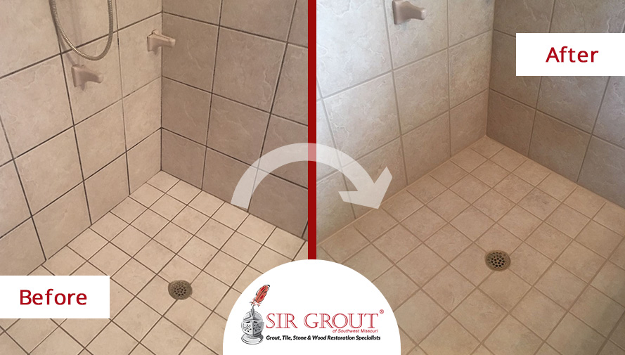 After Our Grout Cleaning Service, This Shower was Completely Sanitized in Willard, MO Before and After Picture of a Shower Grout Cleaning Service in Willard, Missouri