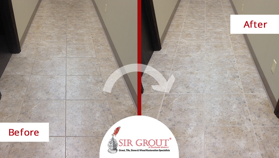 This Grimy Floor Looks Refreshed After Our Grout Cleaning Service in Springfield, MO Before and After Picture of a Grout Cleaning Service in Springfield, MO