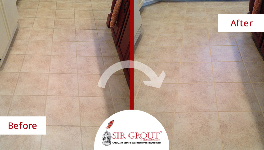 This Home's Floor Was Restored Thanks to Our Grout Cleaning Service in Branson, MO Before and After Picture of a Grout Cleaning Service in Branson, Missouri