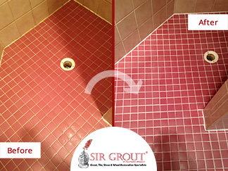 Before and After Picture of a Bathroom Grout Recoloring Service in Springfield, MO