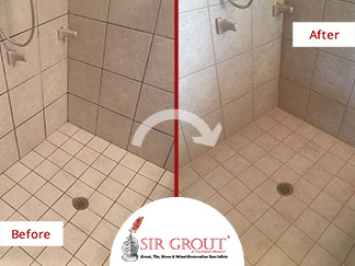 Before and After Picture of a Shower Grout Cleaning Service in Willard, Missouri