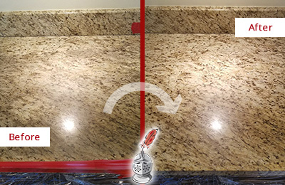 Before and After Picture of a Dull Kitchen Granite Countertop Cleaned and Sealed to Recover Its Sheen