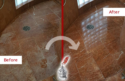 Before and After Picture of a Red Marble Shower Floor with Mineral Deposits Honed and Polished