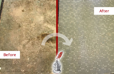 Before and After Picture of a Mosaic Tiles Floor with Embedded Dirt and Water Damage