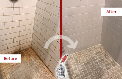 Before and After Picture of a Fordland Shower Tile and Grout Cleaned to Eliminate Mold and Stains