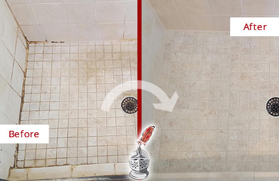 Before and After Picture of a Pierce City Shower Caulked to Fix Cracks