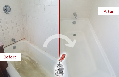 Before and After Picture of a Aurora Bathtub Caulked to Repair Cracks