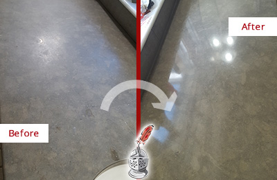 Before and After Picture of a Dull Eagle Rock Limestone Countertop Polished to Recover Its Color
