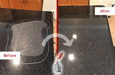 Before and After Picture of a Miller Granite Stone Countertop Polished to Remove Scratches