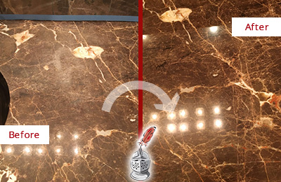 Before and After Picture of a Crane Marble Stone Countertop Polished to Eliminate Stains