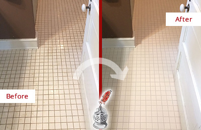 Before and After Picture of a Flemington Bathroom Floor Sealed to Protect Against Liquids and Foot Traffic
