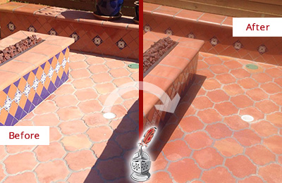 Before and After Picture of a Dull Clever Terracotta Patio Floor Sealed For UV Protection