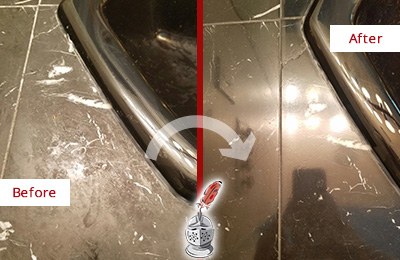 Before and After Picture of a Reeds Marble Countertop Cleaned to Remove Deep Dirt