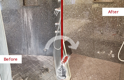 Before and After Picture of a Aldrich Granite Shower Stone Sealed to Avoid Mineral Deposits