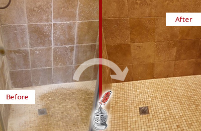 Before and After Picture of a Billings Travertine Shower Honed to Remove Mineral Deposits