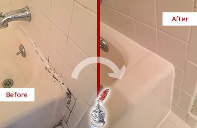 Before and After Picture of a Rockaway Beach Hard Surface Restoration Service on a Tile Shower to Repair Damaged Caulking