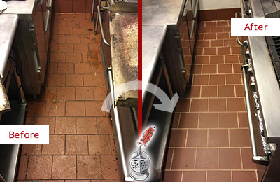 Before and After Picture of a Long Lane Hard Surface Restoration Service on a Restaurant Kitchen Floor to Eliminate Soil and Grease Build-Up
