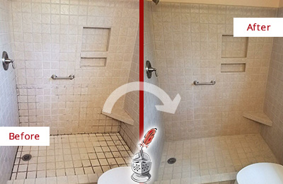 Before and After Picture of a Fordland Shower Grout Cleaned to Remove Mold