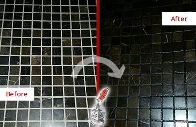 Before and After Picture of a Lampe Black Floor with Recolored Grout