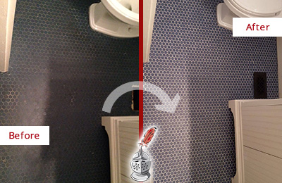 Before and After Picture of a Washburn Blue Tile Floor Recolored Grout