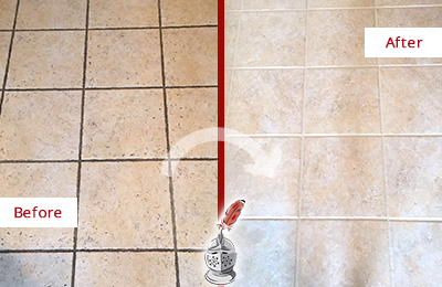 Before and After Picture of a Verona Ceramic Floor Cleaned to Remove Soil